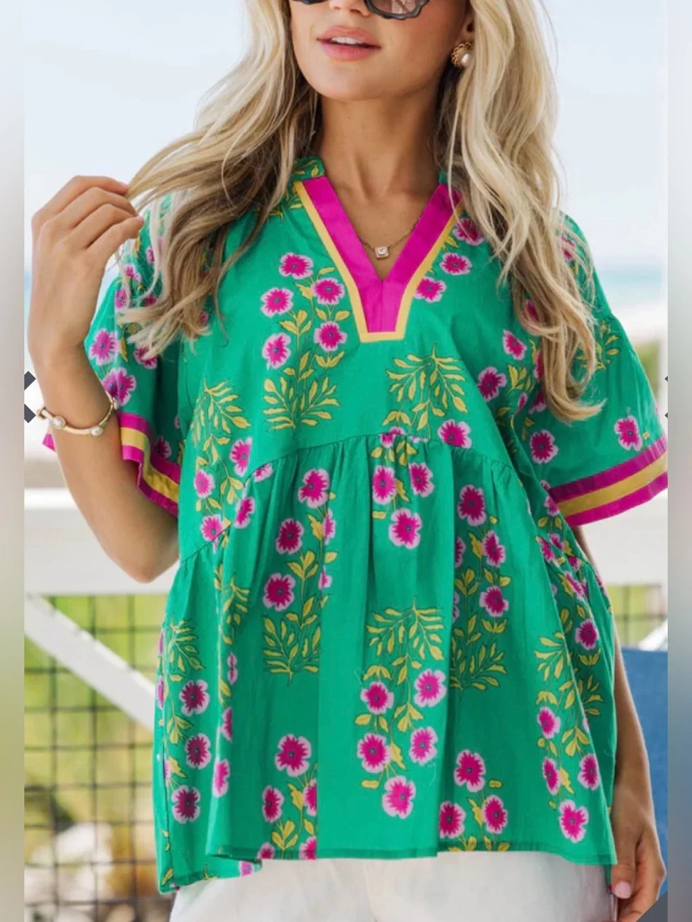 Umgee Green Floral Summer Blouse - Picture 1 of 7